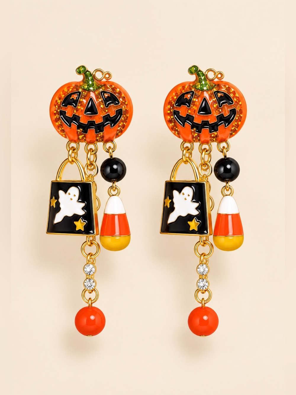 Cute Pumpkin Gold Halloween Dangle Earrings